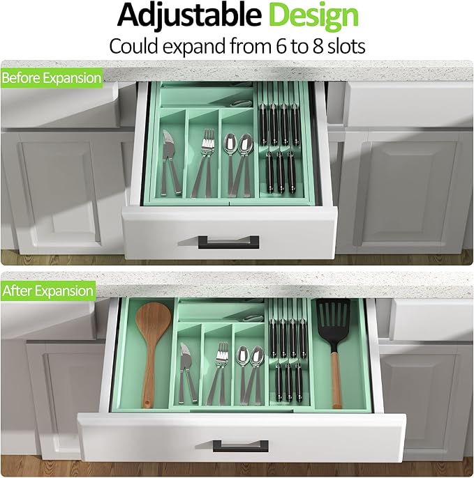Bamboo Kitchen Drawer Organizer, Expandable Silverware Organizer with Removable Knife Block, 6-8 Slots - Utensil Holder & Cutlery Tray Drawer Dividers, 2.36" Deep for Extra Capacity, Cyan