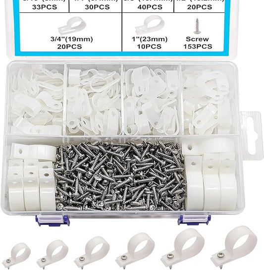 TWTADE 306PCS White Cable Clamps Assortment Kit, Nylon Plastic R-Type 6 Sizes 3/16'' 1/4'' 3/8'' 1/2'' 3/4'' 1'' Cable Mounting Wire Clips Fastener with Screws for Wire Management