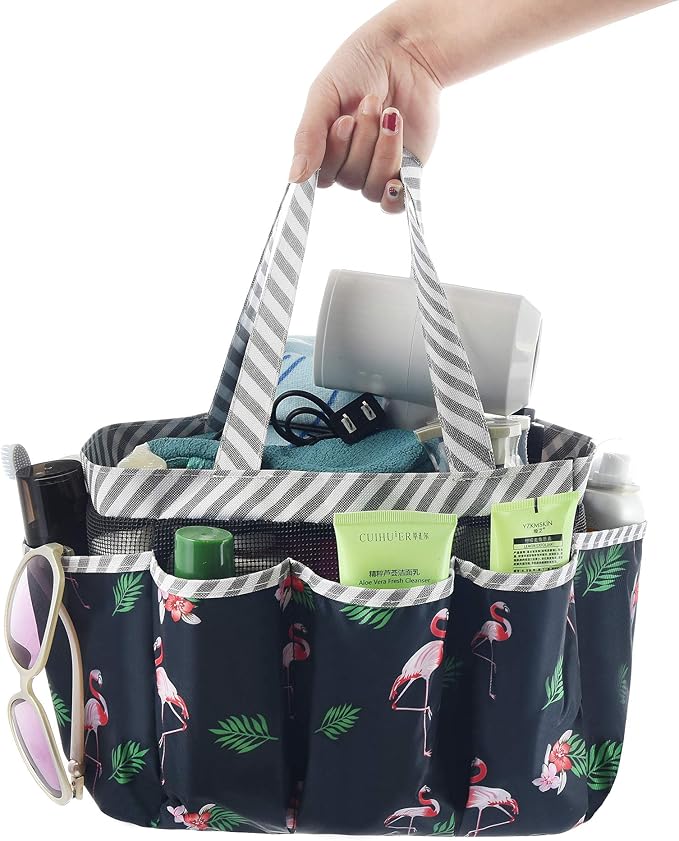 Haundry Portable Shower Caddy Bag with Long Handle, Fabric Caddy Tote Organizer with 8 Pockets for College Dorm Room Essentials, Hanging Bathroom Basket for Student Boy Girl Gym Travel Camp