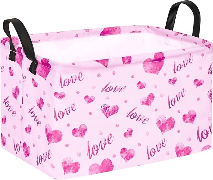 Rec Heart Print Box Hamper Storage Basket Collapsible Organizer Bin Gift Shelf Baskets for Home and Kitchen Storage