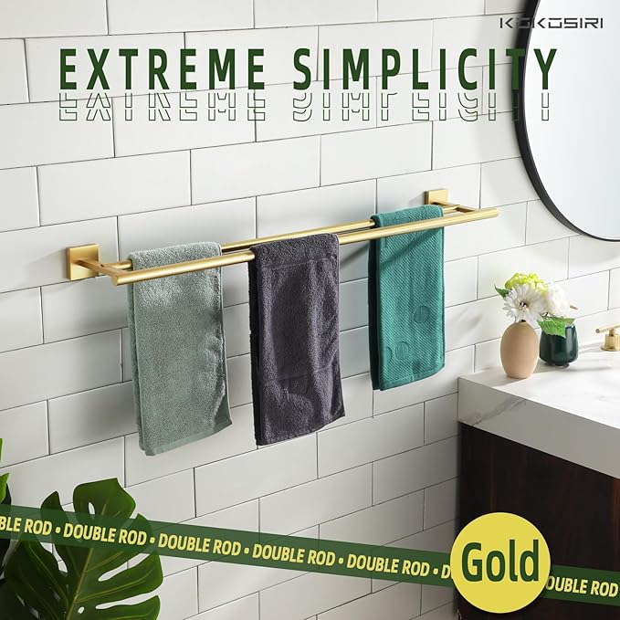 KOKOSIRI Bathroom Towel Bar 32'' Double Towel Holder for Bath Kitchen Cabinet Towel Rails 32 Inch Brushed Gold Stainless Steel B5005BG-L32