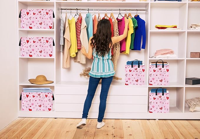 KUNRO Rectang Heart Pattern Vantine's Storage Basket Gift Shelf Basket Storage Bin, Nursery Basket Organizer Box for With Handles for Room Deco