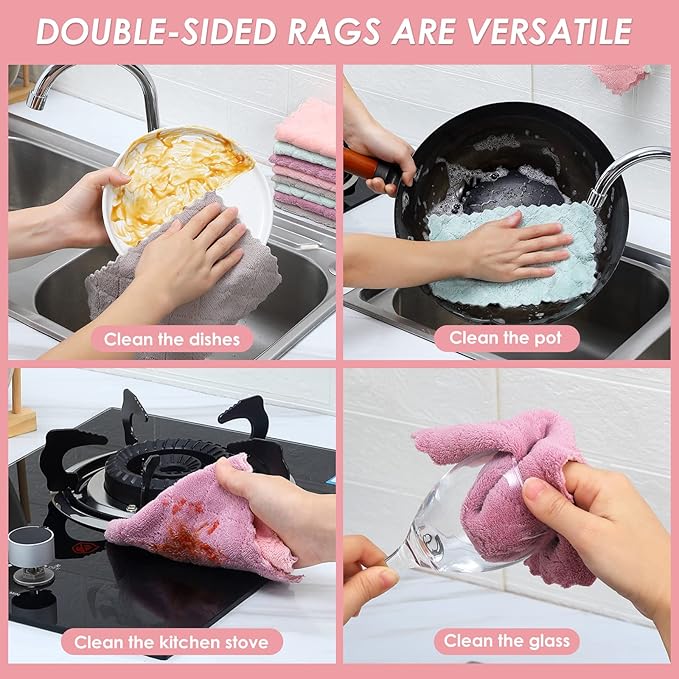 Rachan 22Pack Kitchen Dish Cloths,Reusable Dish Towels,Nonstick Oil Washable Fast Drying,Super Absorbent Coral Velvet Cleaning Cloths for Cleaning Tableware,Kitchen,Bathroom (Green-grey10 x 6")