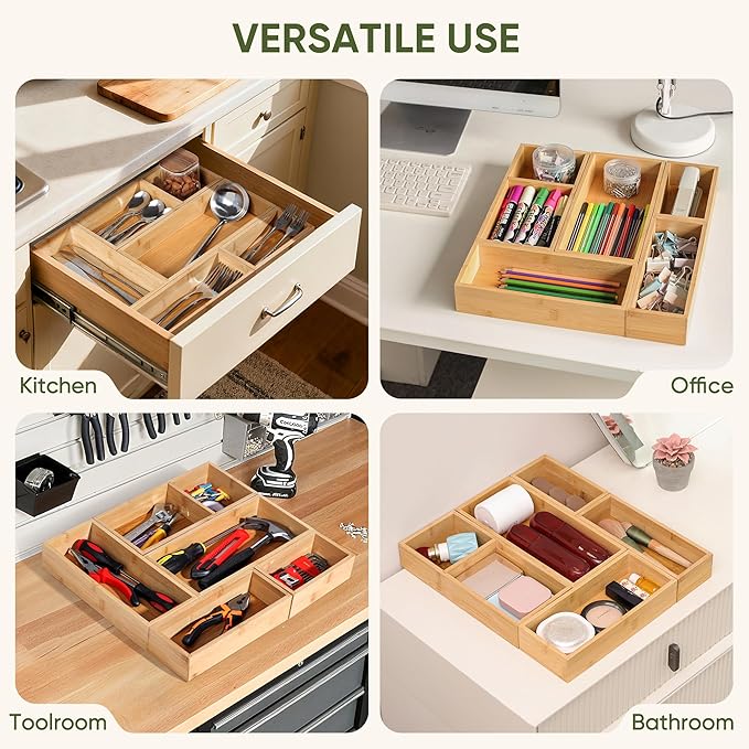 Bamboo Drawer Organizers Set with Removable Dividers, 5PCS Adjustable Multi-Use Wood Storage Organizers(5-9 Grids), Desk Drawer Tray for Bathroom, Office, Dresser, Storage Box for Jewelry, Makeup