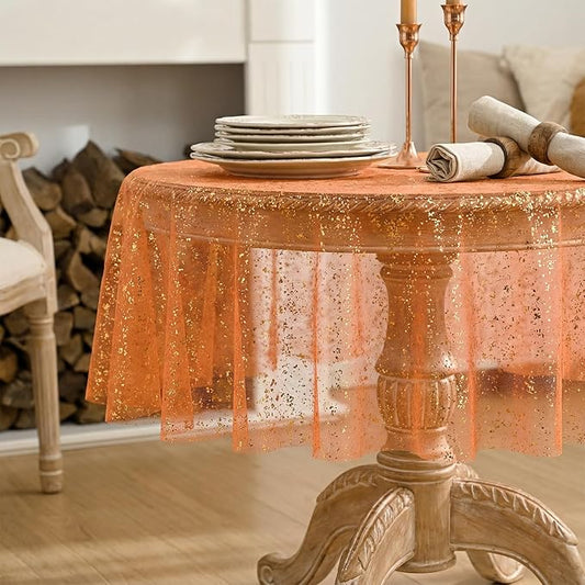 Horaldaily Orange Gold Gauze Tablecloth 60x60 Inch Round, Orange Sequin Glitter Metallic Foil, Sheer Tulle Cheesecloth for Wedding Baby Shower Ceremony Birthday