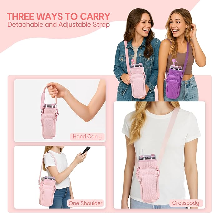 &And Per Se Water Bottle Shoulder Bag for Women, Neoprene Carrier with Phone Pocket & Pink Charm, Adjustable Crossbody Strap Fits Stanley 30oz Tumblers, Gift for Her (Pink)