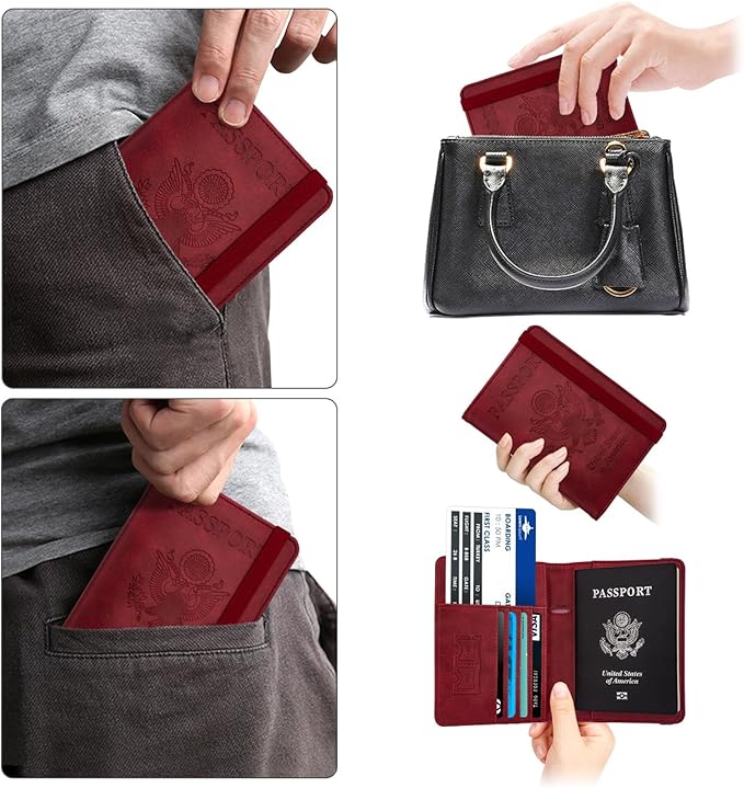 WALNEW Passport Holder for Travel, RFID Passport Cover Wallet for Women Men, PU Leather Passport Book Card Holder Case with Pen, Travelling Essentials for Flying