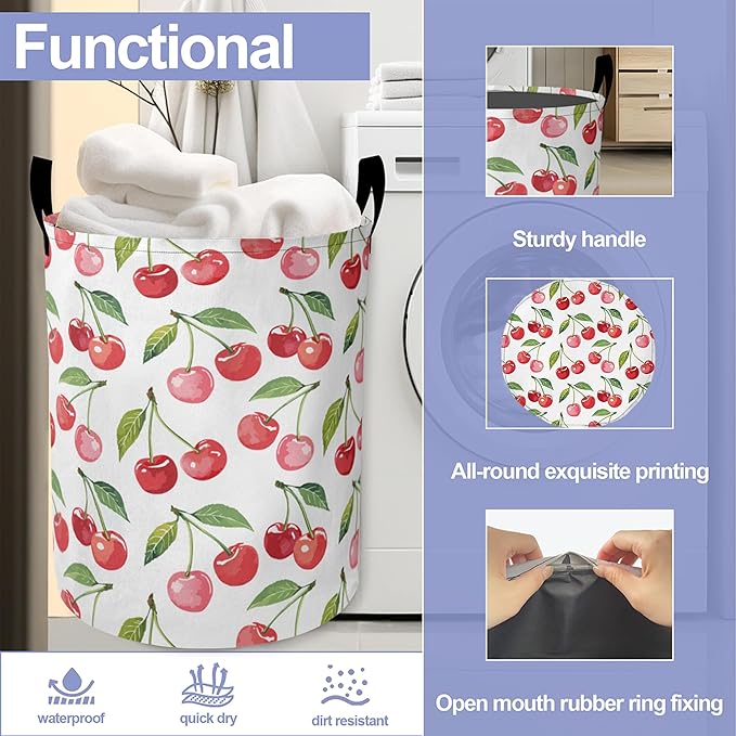 Cute Cherry Laundry Hamper Large Canvas Fabric Lightweight Storage Basket/Dirty Clothes Collapsible Waterproof for College Dorms, Boys and Girls Bedroom, Bathroom