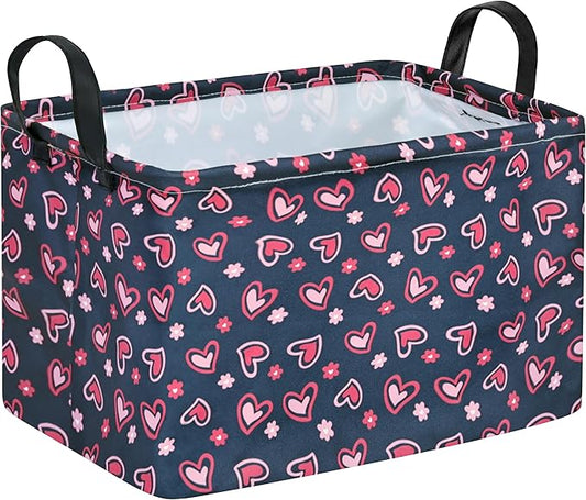 Rec Heart Print Box Hamper Storage Basket Collapsible Organizer Bin Gift Shelf Baskets for Home and Kitchen Storage