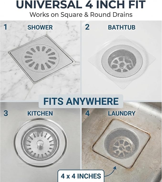 100 Pack Square Disposable Shower Drain Hair Catcher Stickers - Waterproof Drain Covers for Bathroom Floor, Sink & Bathtub, Easy-Peel Drain Hair Trap for Clog Prevention & Hygiene