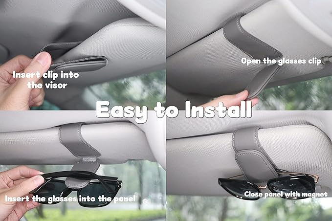 Magnetic Leather Sunglass Holder for Car, Sunglasses Clip for Car Visor, Auto Interior Accessories Universal for Different Size Eyeglasses (Grey)