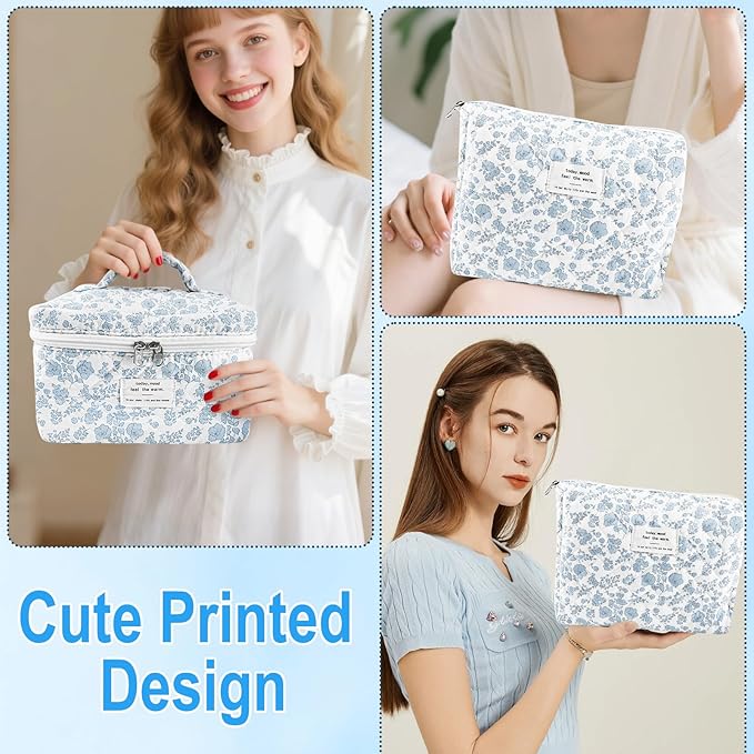 2Pcs Cotton Quilted Makeup Bag for Women Extra Large Small Travel Cosmetic Bag Set Cute Blue Floral Print Makeup Pouch Portable Toiletry Bag Organizer Coquette Vintage Puffy Travel Essential