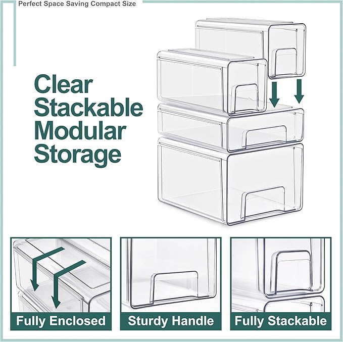 Sorbus Clear Stackable Storage Drawers, 4-Piece Set – 1 Large, 1 Medium & 2 Small Pull-Out Plastic Organizer Bins with Handles for Bathroom, Closet, Pantry, Cabinet & Medicine Storage