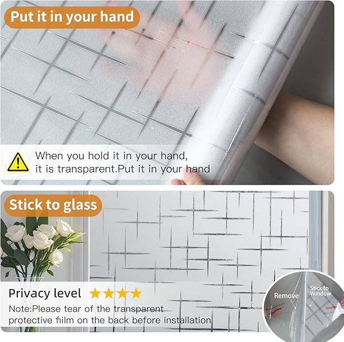 Window Privacy Film Frosted Glass Window Film Decorative, Removable Static Cling Heat Blocking Sun Blocker Front Door Window Covering for Bathroom Home Office (Cross Pattern,35.4" x 78.7")