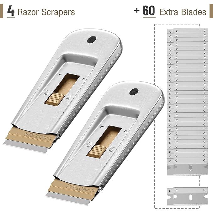 Bates Choice Metal Razor Blade Scraper Tool, Pack of 4, 60 Extra Carbon Steel Blades, Stainless Steel Heavy-Duty Cleaning Razor Scraper Tool
