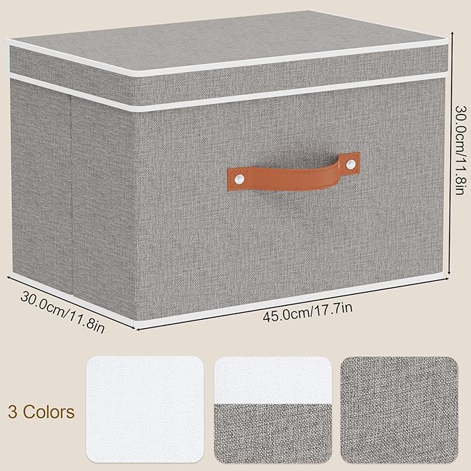 YheenLf Storage Baskets with Lids and Double Handles, Linen Foldable Storage Bins, 17.7 x 11.8 x 11.8 Inch Closet Organizer Boxes for Laundry Bedroom, Grey, 3-Pack