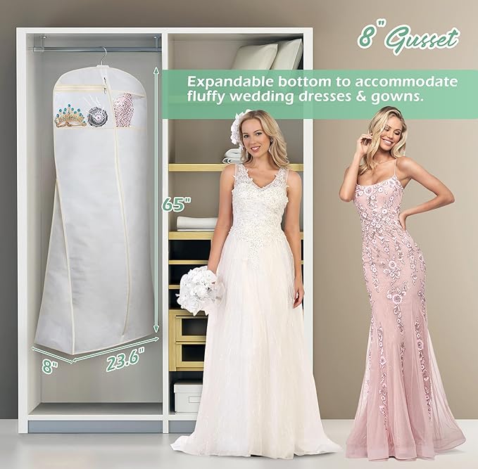 MISSLO 65" Bridal Wedding Gown Dress Garment Bag with Accessories Pouch Large Travel Garment Cover 8" Gusset (White)