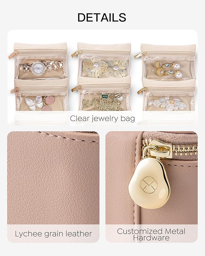 Vlando Small Jewelry Box Organizer,Travel Jewelry Storage with 6 Velvet Jewelry Zipper Pockets,Travel Jewelry Case Birthday Gifts for Women Girls(Khaki)