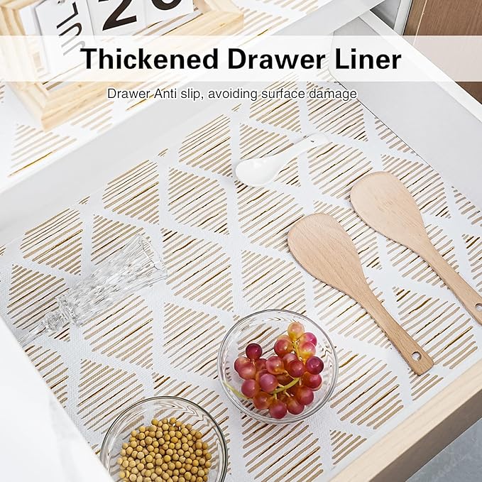 Drawer and Shelf Liner for Kitchen Cabinet,Non-Adhesive Cabinet Liner 12in x 10FT,Waterproof Shelf Paper Non-Slip Mats Cupboard Liner Contact Protect Dresser/Shelves/Table-Brown Stripes