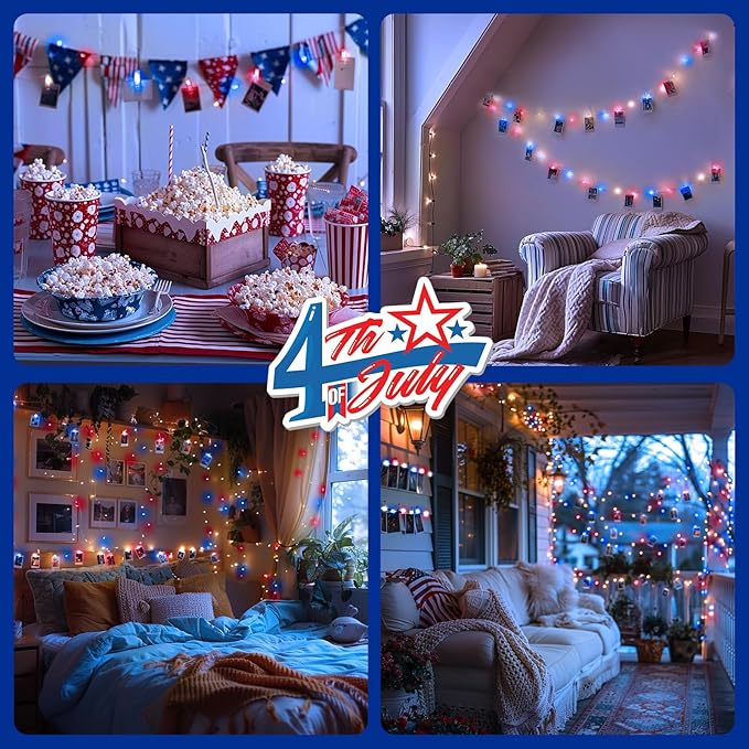 4th of July Lights Red-White-Blue Decorations - 100 LED 50 Photo Clips String Lights Holder 33FT Starry Fairy Lights Hanging Pictures Cards Memos USB Powered&Switch Bedroom Dorm Christmas Decor Tree