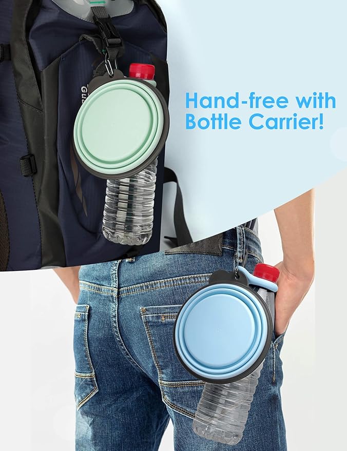 Aonkey Collapsible Dog Bowls with Bottle Carrier, 2 Pack Travel Dog Water Bowl Upgraded Carabiner, One-Piece Molded Rim No Fall Off or Crack 37oz, Blue & Green