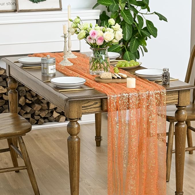Horaldaily Orange Gold Gauze Tablecloth 60x140 Inch Rectangular, Orange Sequin Glitter Metallic Foil, Sheer Tulle Cheesecloth for Wedding Baby Shower Ceremony Birthday