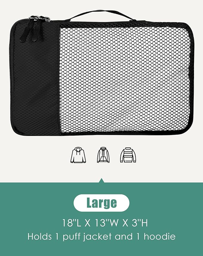 4-Piece Packing Cubes Travel Accessories Set for Suitcases - Luggage Organizer Bags with Double Zipper - Mesh Top - Large - Black