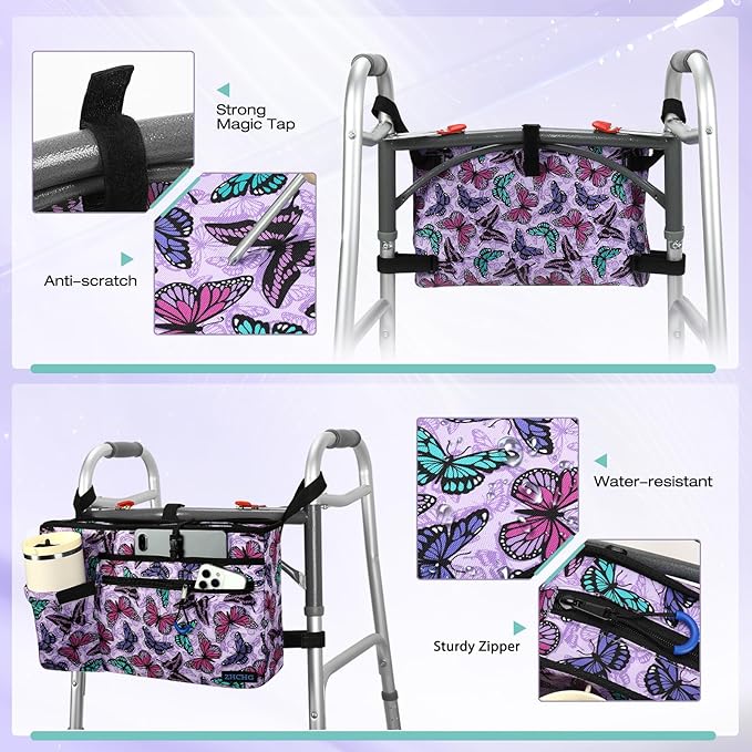 Walker Bag with Cup Holder, Walker Accessories for Seniors Detachable, Foldable Walker Basket with Big Capacity, Best Gift- Purple (Not Fit Rollator Walkers)