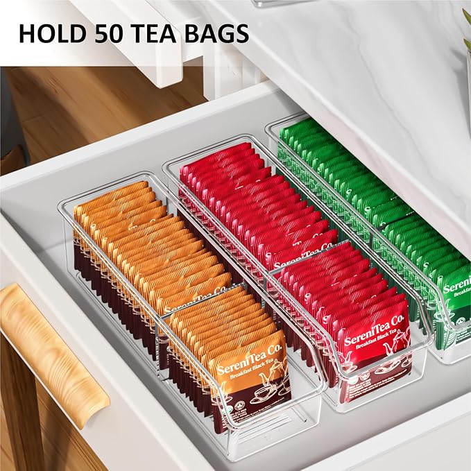 Tea Bag Organizer, Holder Box Storage Bin, Clear Tea Packet Plastic Drawer, Sugar Packet, Coffee, Condiment, Spice Bag Holder for Kitchen Cabinet, Countertop, Fridge - 2Pack
