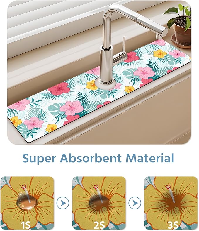 Patterned Sink Faucet Mat Kitchen Splash Guard Super Absorbent Drying Mat, Non-Slip Drain Pad for Kitchen Counter or Bathroom-24x5.5in