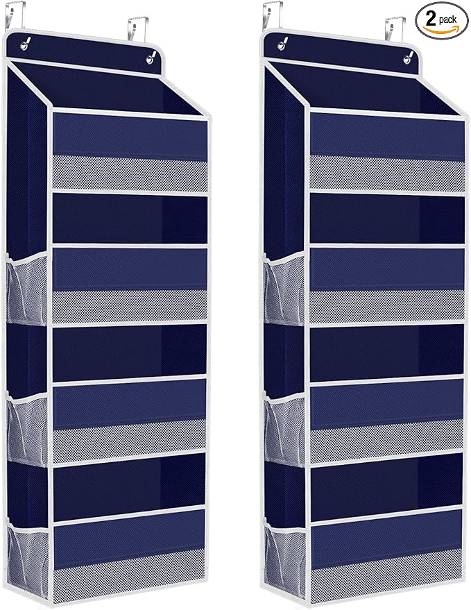 SpaceHacks 2 Pack Over The Door Organizer, Hanging Storage Organizer with Clear Window, 40lb Ultra Sturdy Large Capacity Room Organizer for Pantry Laundry Bathroom Nursery Closet (Blue)