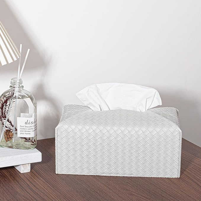 Tissue Box Cover PU Leather Tissue Holder Square Facial Tissue Case Facial Paper Organizer Dispenser for Bathroom, Vanity Countertop, Tabletop, Car, Rectangle, Misty Gray