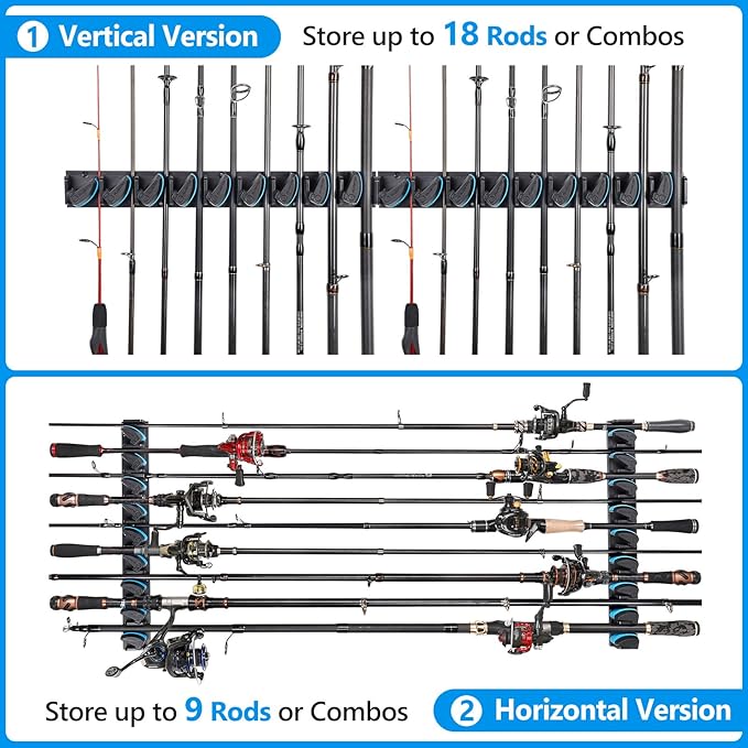 PLUSINNO 2 pack Vertical Fishing Rod rack, Wall Mounted Fishing Rod holder, 2 Packs Fishing Pole Holders Hold Up to 18 Rods or Combos, Fishing rod holders for garage, Fishing Gear and Gifts for Men