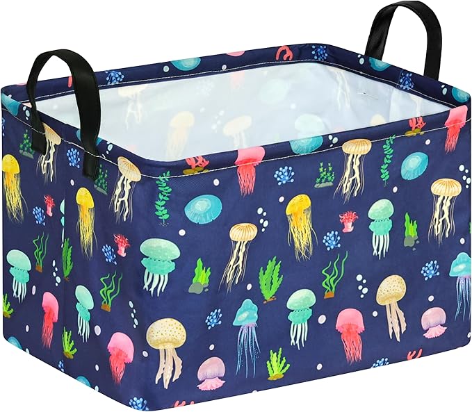 KUNRO Rectang Storage Basket Gift Shelf Basket Storage Bin, Nursery Basket Organizer Box for With Handles for Room Deco (Colorful Jellyfish)