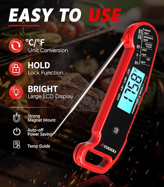 Atogou Professional Meat Thermometer Digital for Cooking Food, <1 Sec Instant Read & ±0.5℉ Accuracy, IP67 Waterproof, Thermocouple Sensor Probe, for Kithchen, BBQ, Grill, Red