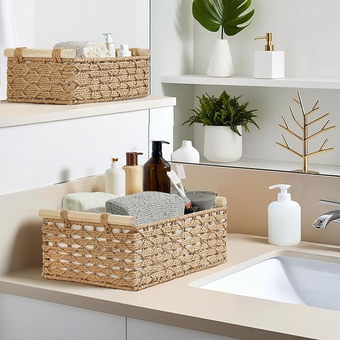 DECOMOMO Wicker Storage Basket, Back of Toilet Basket, Bathroom Organizer, Toilet Tank Tray, Countertop, Home Decor (Beige, Set of 2)