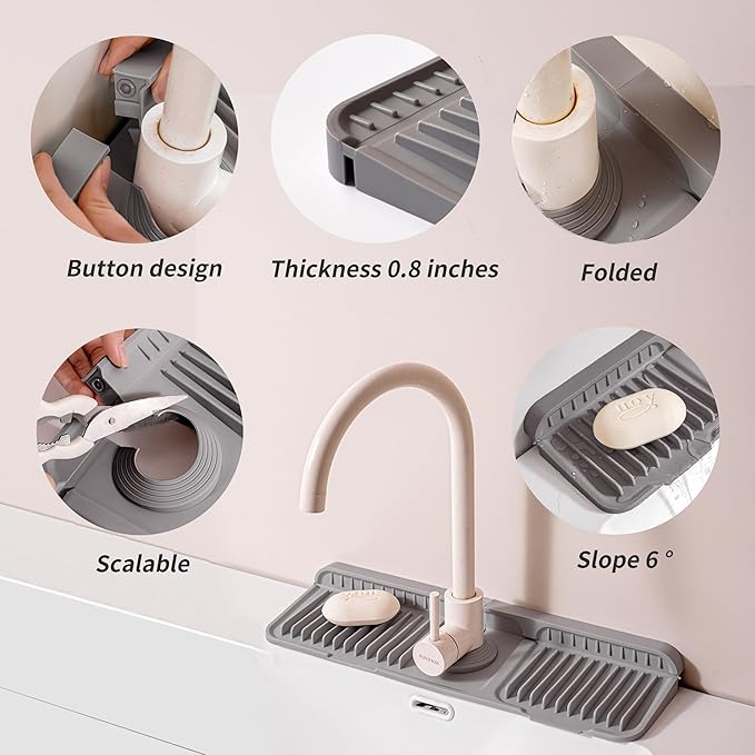 17.7" Silicone Sink Splash Guard - Multi-Functional Kitchen Sink Mat with Drip Tray, Sponge Holder & Soap Dish, 6° Slope Design for Easy Drainage, Foldable & Fasten Button for Secure Fit,（Grey）