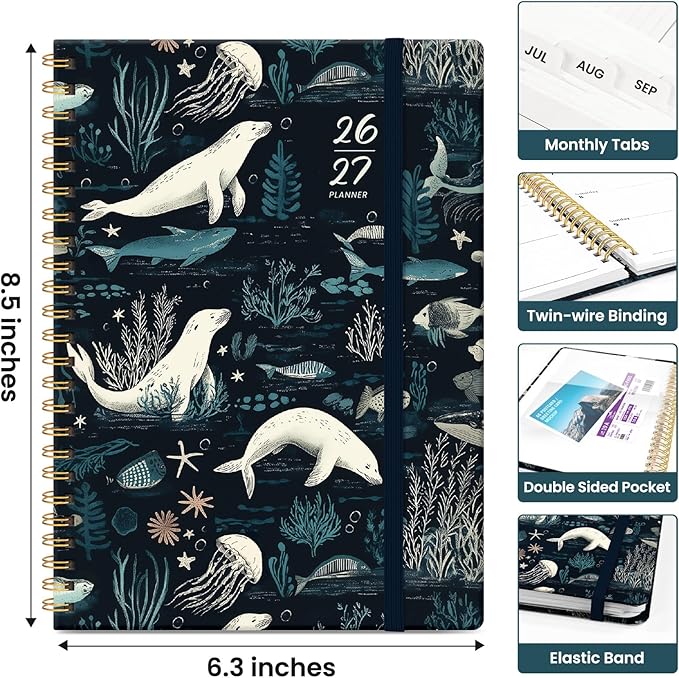 Planner 2026-2027, Academic Year Weekly and Monthly Calender Planner, from Jul 2026 - Jun 2027, Spiral Bound School Planning Book, Perfect for Teacher, Student, Women & Men, A5 (6.3" x 8.5"), Secret Sea