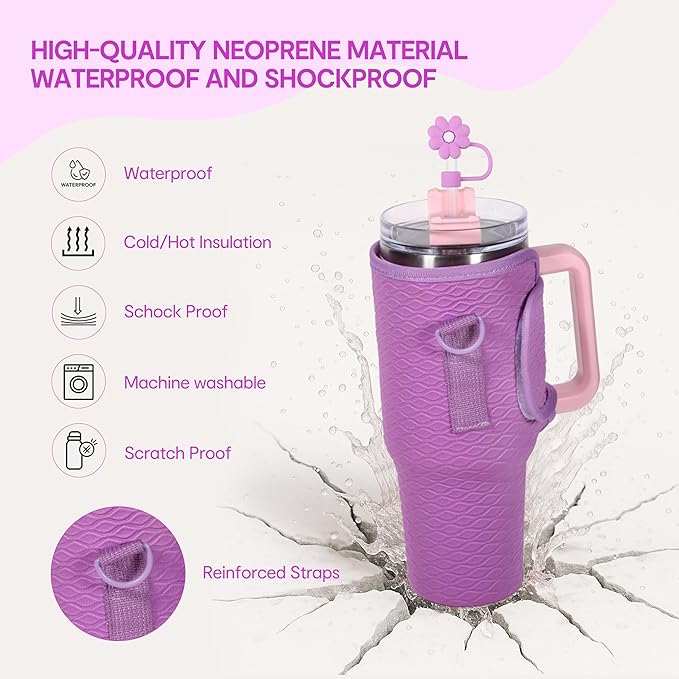 &And Per Se Water Bottle Shoulder Bag for Women, Neoprene Carrier with Phone Pocket & Purple Charm, Adjustable Crossbody Strap Fits Stanley 40oz Tumblers, Gift for Her (Purple)