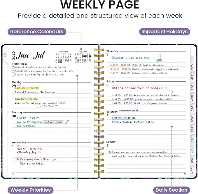 Planner 2026-2027, Academic Monthly and Weekly Calendar Planner for Women, July 2026 - June 2027, Hardcover Pretty Agenda Planner Book with Tabs, Spiral Daily Organizer for School Office Home Supplies, 6.3" x 8.5" - Enchanted Fungi