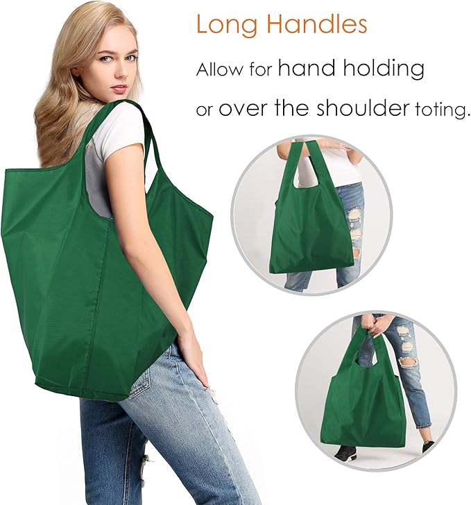 BeeGreen Christmas Green Reusable Grocery Bags Dark Green Reusable Kitchen Bags Bulk Foldable-Machine Washable with Zipper Storage Pouch 50 Packs