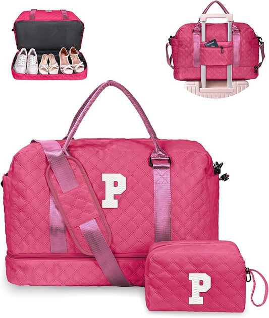 Gift Ideas for Women, Gifts for Women-Initial Travel Bag with Shoe Compartment, Personalized Weekender Bag, Monogram Overnight Bag for Women, Letter Travel Bag with Makeup Bag (Letter P)