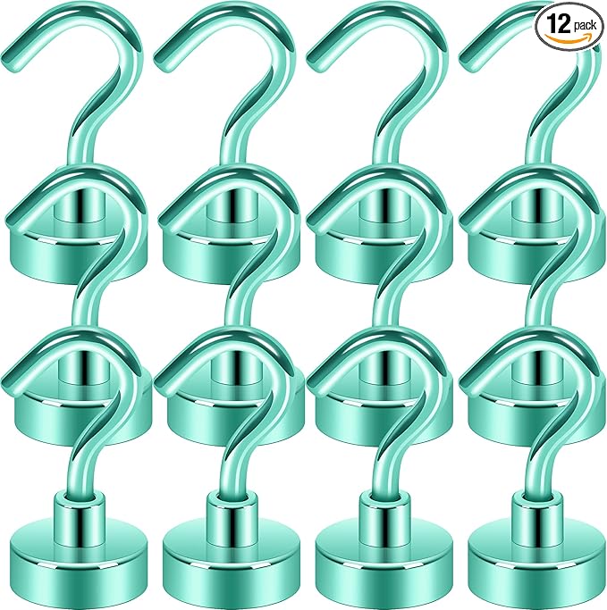 Neosmuk Magnetic Hooks, Heavy Duty 30lb+ Strong Magnet Hook for Cruise Cabins, Cruise Ship Essentials for Hanging, Metal Wall Refrigerator Hangers (Green, 12 Pack)