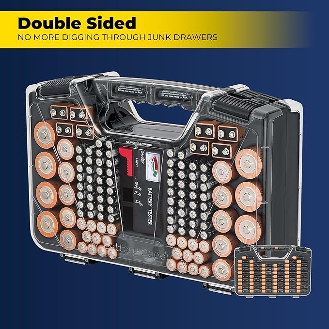 Battery Daddy Storage & Organizer Case w/Tester, Stores & Protects Up to 180 Batteries, Double-Sided, Clear Locking Lid, Secure Latches & Portable Carrying Handle - Charcoal (Batteries Not Included)