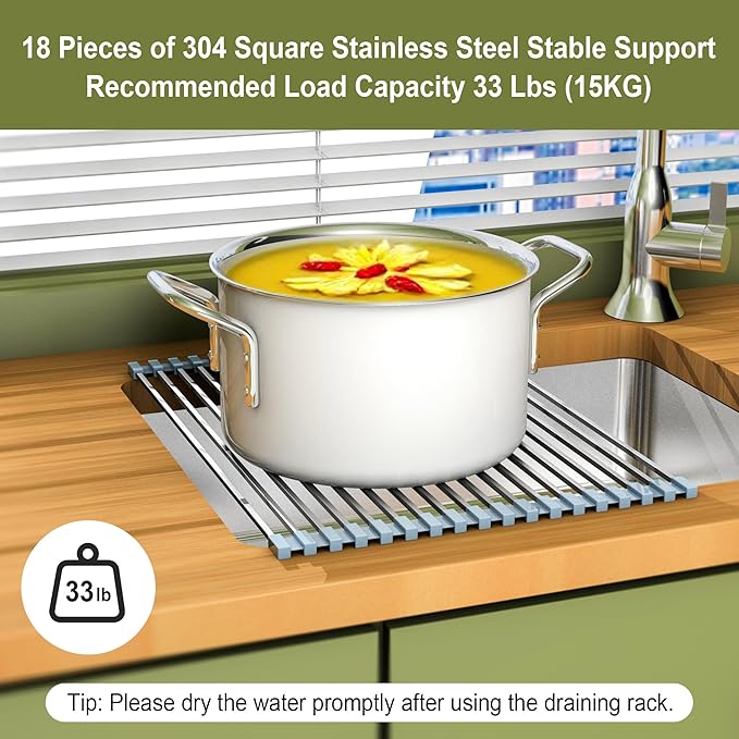 Roll Up Dish Drying Rack Over Sink Silicone Wrapped 304 Square Stainless Steel Dish Drainer Sink Counter Kitchen Home RV Essentials Foldable Sink Organizer,16.93" L×12.91" W,Grey