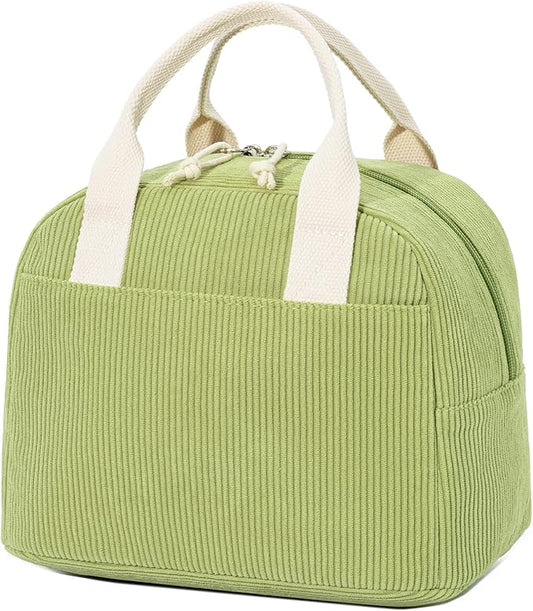 LOVELYWIND Insulated Lunch Bag for Women Men, Stylish Corduroy Tote Bag with Aluminum Lining, Large Capacity Reusable Cooler for Work, Travel, or Beach, Guacamole Green Lunch Box