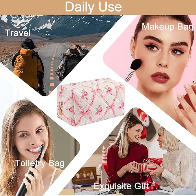 Travel Makeup Bag, Cosmetic Bag for Women Girls, Floral Flowers Toiletry Organizer, Portable Storage Bag, Pink Bowknot/Gold Zipper