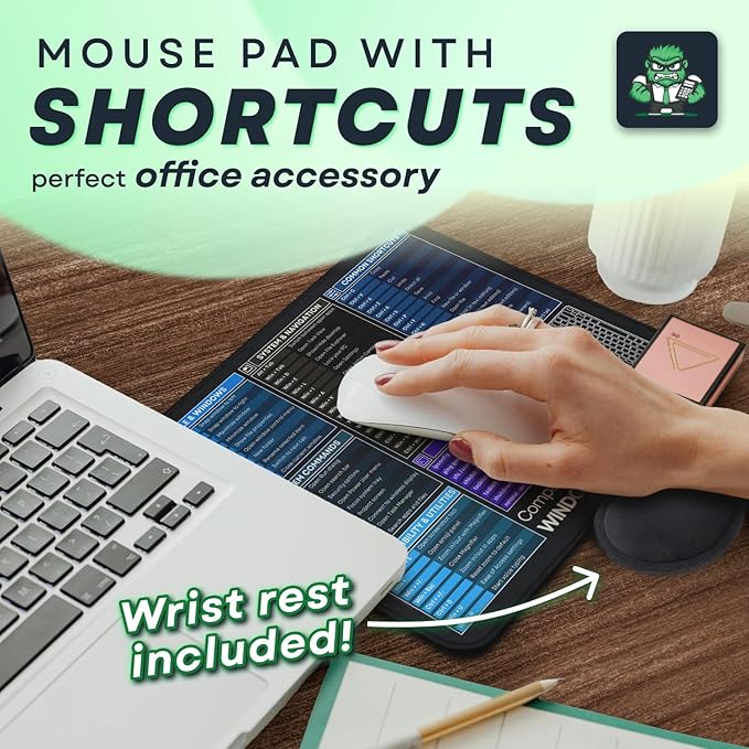 [Winos Compatible] Computer Shortcuts Mouse Pad for Windows - Wrist Rest Included. Portable Mousepad, Cheat Sheet Office, Gaming Commands, Functions DeskMat Waterproof & Non-Slip Desk Pad [12” x 10”]