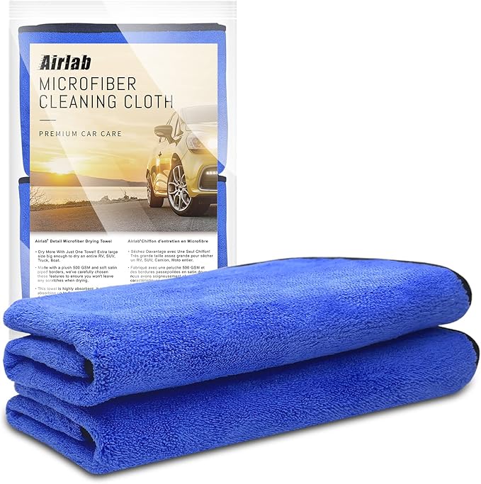 Airlab Microfiber Towels for Car Wash Drying, Thick Plush Cleaning Cloths, Auto Detailing Super Absorbent for Interior & Exterior, Lint-Free, Streak-Free, 35 x 24 Inch, 500 GSM, Pack of 2