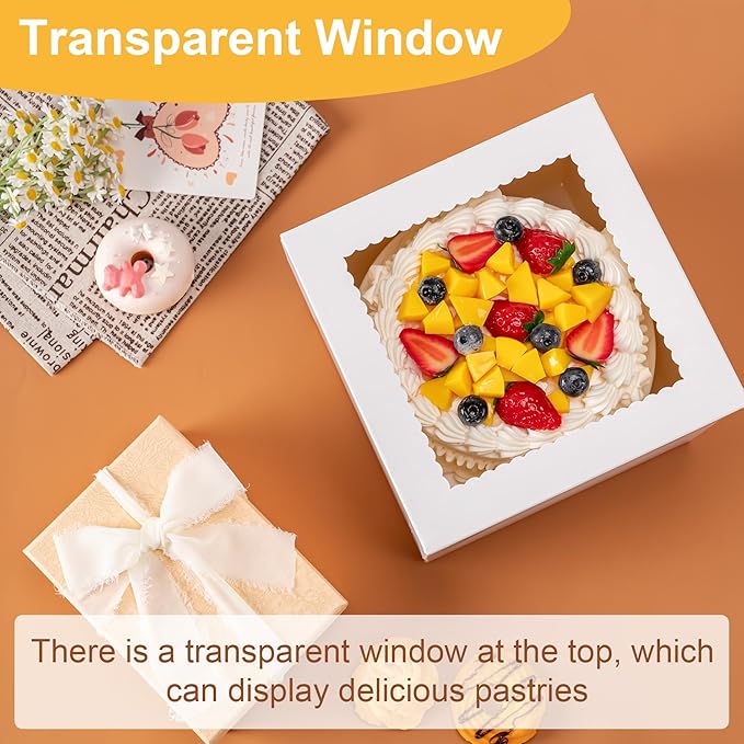 5 Pack Cake Boxes 8 Inch, 8x8x8 Inches Tall Cake Large Box, Disposable Cakes Transport Containers with Lids, Bakery Boxes with Large Window, for Cookies Pies Cupcakes Pastry-Wedding, Birthday, Party